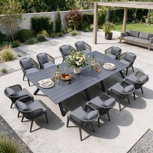14-Piece All-Weather Wicker Outdoor Dining Set with Square Table All Aluminum and Grey Cushions for Garden Backyard Deck