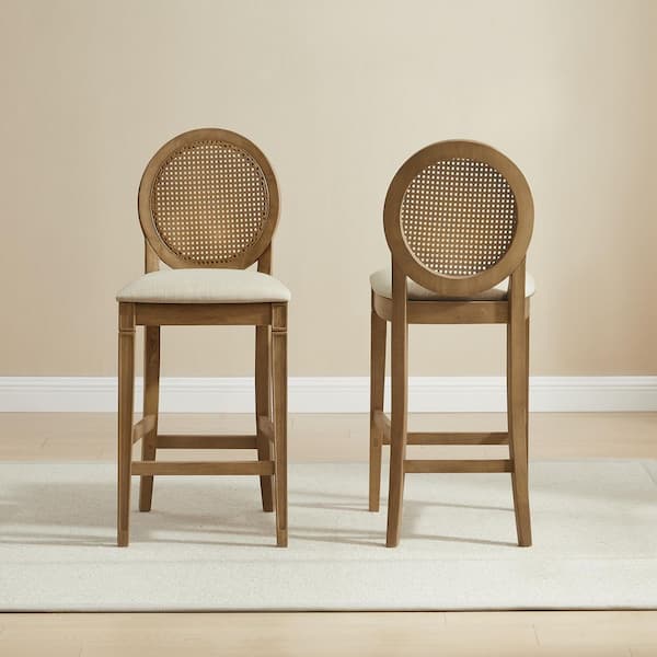Katia 42.38 in. H Driftwood Woven Back Wood Bar Stool with Fabric Seat Set of 2