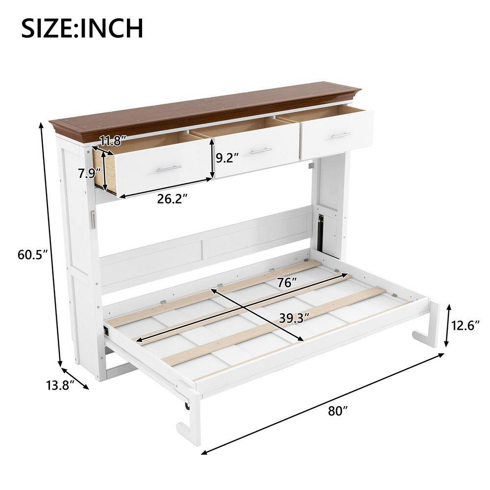 White Wood Frame Twin Murphy Bed with 3 Drawers - thumbnail 9
