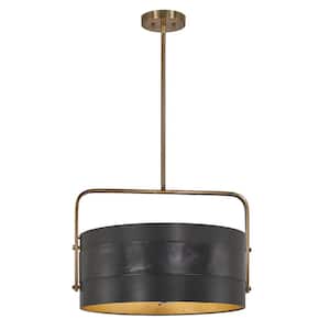 Contrast 5-Light Aged Antique Brass and Black Drum Pendant to Semi Flush with Onyx Leather Shade