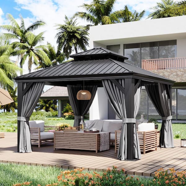 12 ft. x 12 ft. Outdoor Double Roof Hardtop Gazebo with Gutters, Aluminum Frame, Ceiling Hook, Netting and Curtains