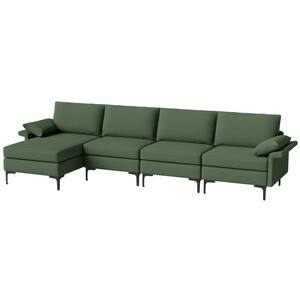 130.5 in. Width Square Arm 4-Piece L-shaped Modular Modern Sectional Sofa with Reversible Chaise and 4-USB Ports Green