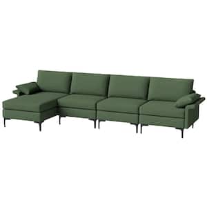 130.5 in. W Square Arm 4-Piece Polyester L-Shaped Modular Modern Sectional Sofa with 2-USB Ports Green