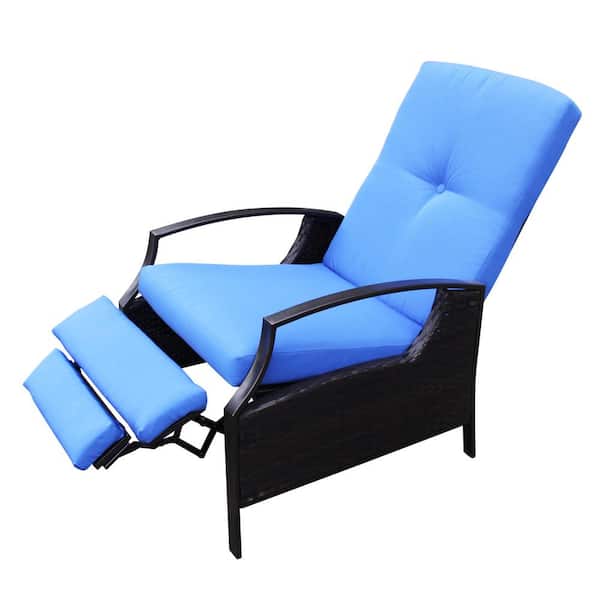 Outsunny Brown Plastic Rattan Outdoor Recliner Chair with Comfortable Padded Blue Cushion 3 Recline Positions and Versatile Uses