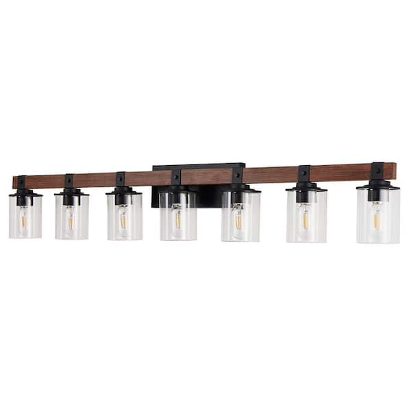 Farmhouse 50 in. 7-Light Walnut and Black Bathroom Vanity Light with Glass Shade