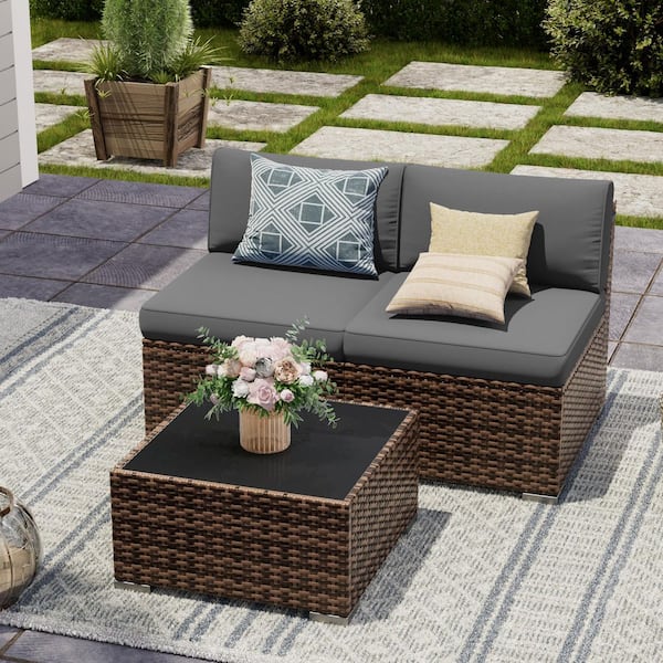 3-Series Brown Wicker Outdoor Sectional Set with Gray Cushion