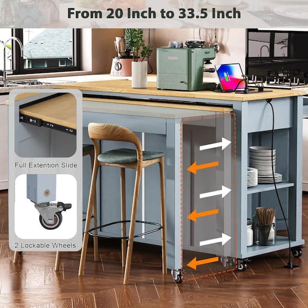 Xzkai Blue Wood 47 in. Kitchen Island with Extendable Dining Table