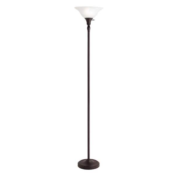Photo 1 of 72 in. Bronze Torchiere Floor Lamp with Alabaster Glass Shade