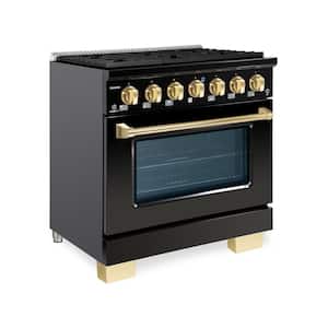 BOLD 36 in. 5.2 cu. ft. 6 Burner Freestanding All Gas Range with Gas Stove and Gas Oven, Glossy Black with Brass Trim
