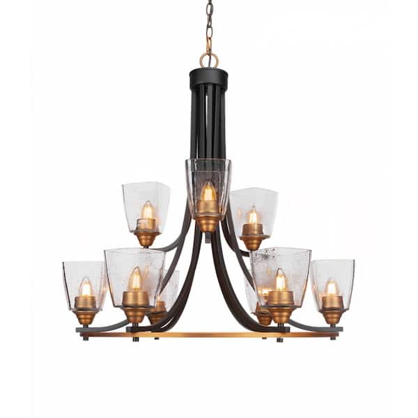 Unbranded Madison 9-Light Matte Black and Brass Round Chandelier with 4.5 in. Square Clear Bubble Glass Shades, No bulbs included