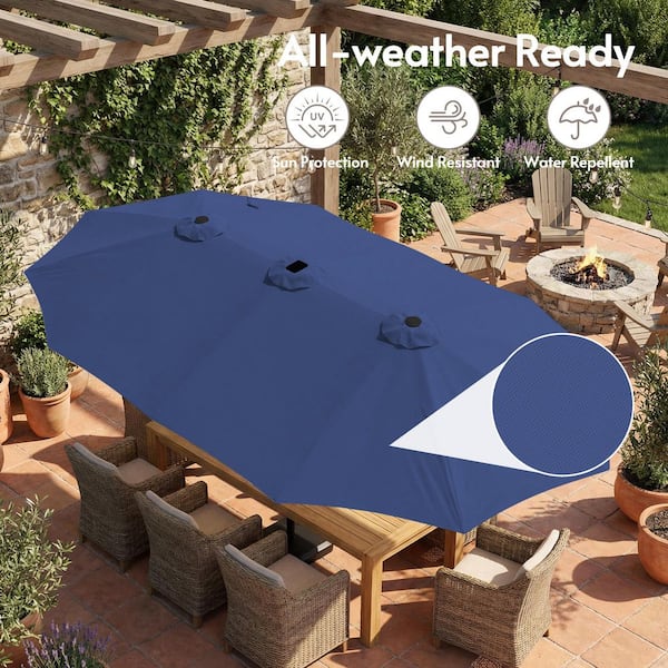 blue cheap patio umbrellas LAZZO 15 ft. Large Patio Umbrella with LED Lights and Base, Rectangular Triple Shade for Patio Deck Garden in Blue