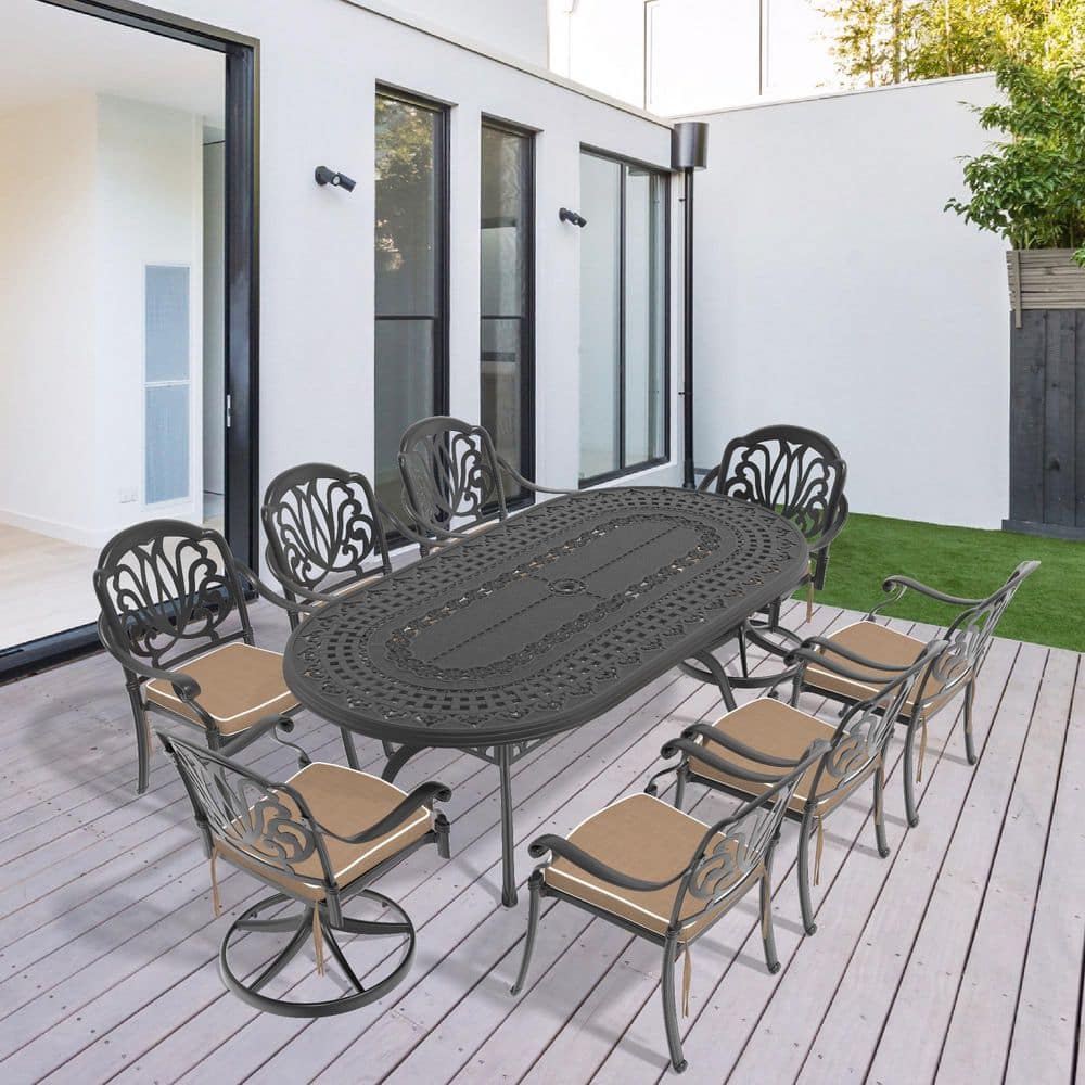 Black 9-Piece Cast Aluminum Oval Bar Height Outdoor Dining Set with Swivel Chairs and All-Weather Cushions price history on PriceWatchPro