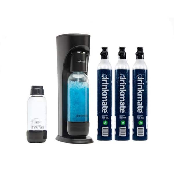 DrinkMate Matt Black Sparkling Water & Soda Maker Machine Ultimate Bundle w/3 ea 60L CO2 Cartridge, 1L & 0.5L Re-Usable Bottles