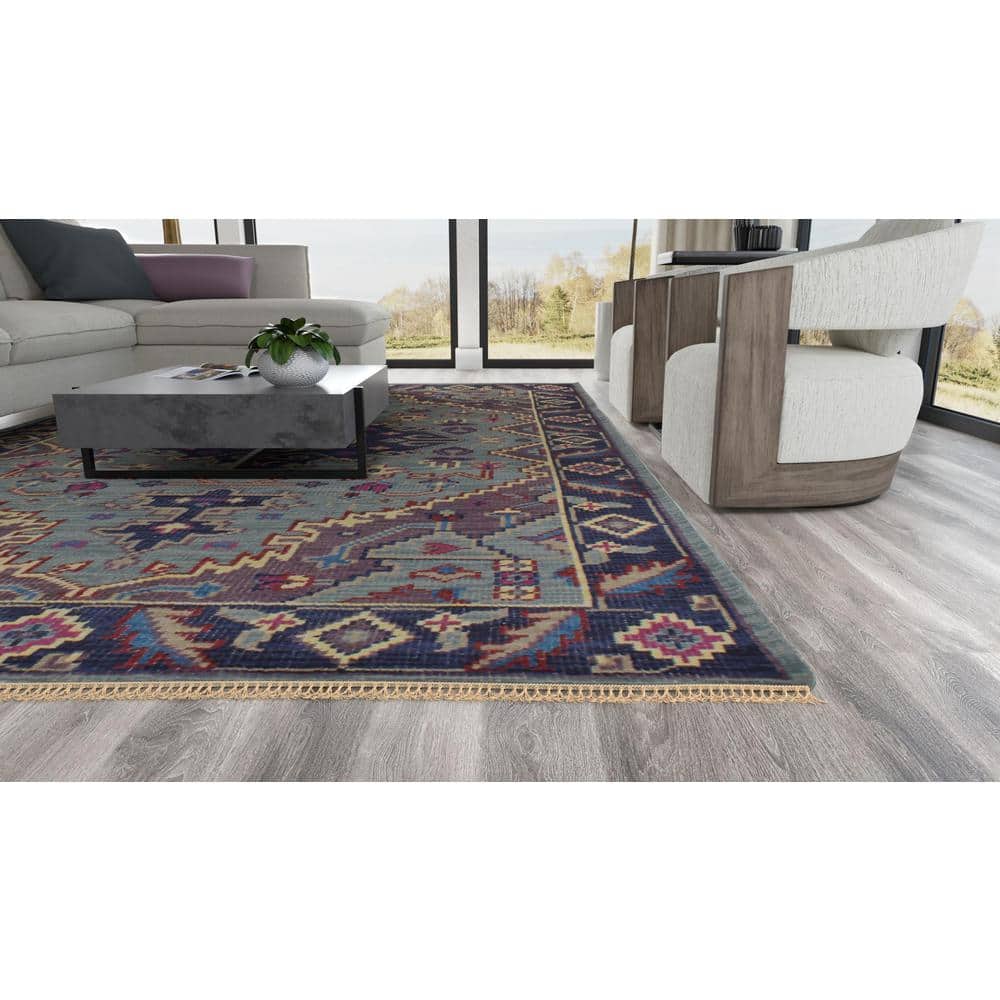 Hand-knotted Blue Wool Rectangular Area Rug with Fringe