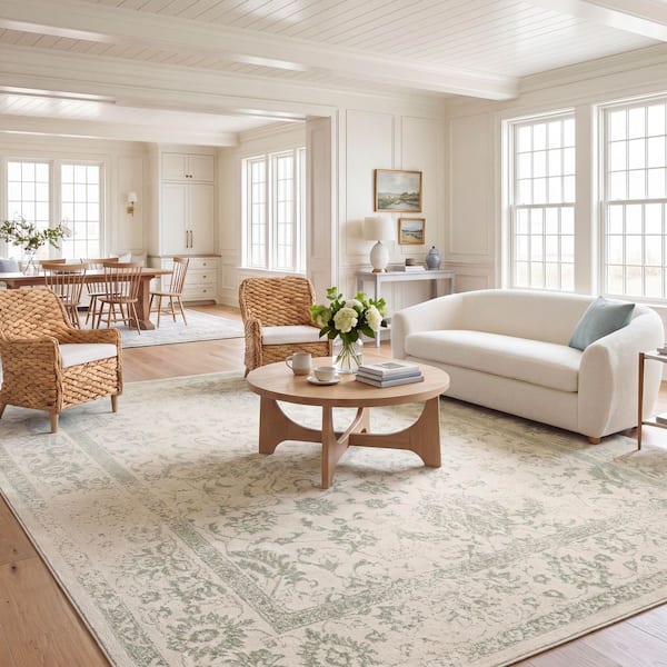 ADirondack Ivory/Sage 10 ft. x 14 ft. Border Distressed Area Rug