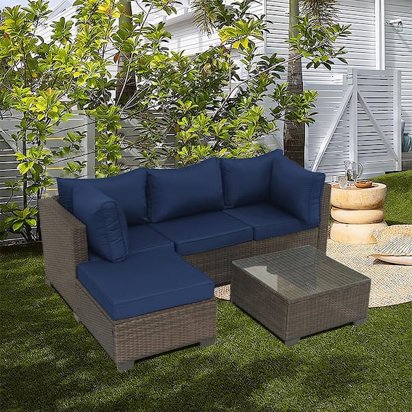 Unbranded 5-Piece Dark Brown Hand-Woven PE Wicker Outdoor Patio Sectional Sofa Set with Navy Blue Cushions and Coffee Table