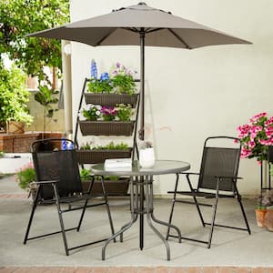 6-Pieces Dining Set Patio Outdoor Steel Set with Umbrella 4 Folding Fabric Chairs Table Gray