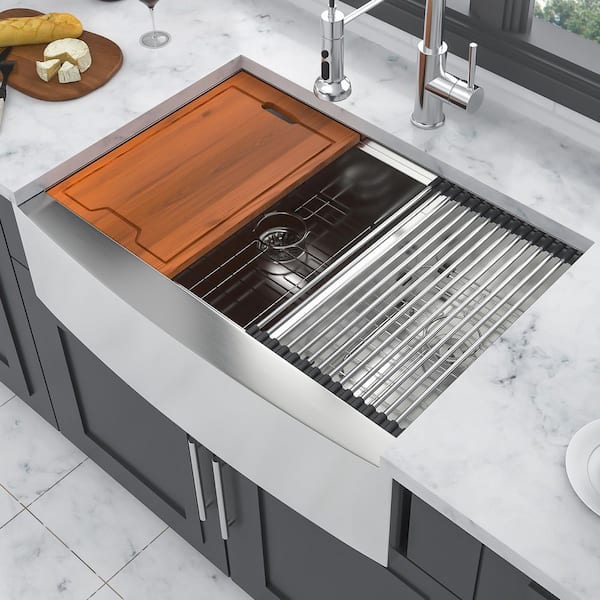 33 in. Farmhouse Double Bowl 16 Gauge Brushed Nickel Stainless Steel Kitchen Sink with Workstation