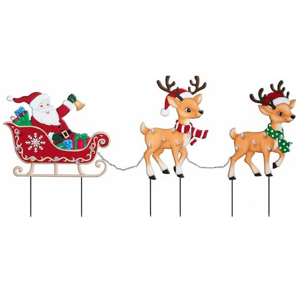 21.2" LED Outdoor Christmas Metal Stakes - Santa Sleigh & Reindeer, Yard Garden Decor