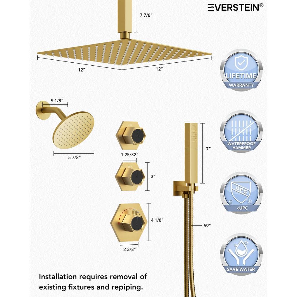 Brushed Gold Thermostatic Dual Showerhead System with Handheld Spray