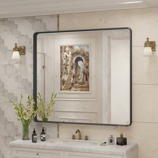 KIOTEE 40 in. W. x 36 in. H Rectangular Framed French Cleat Wall Mounted Tempered Glass Bathroom Vanity Mirror in Matte Black