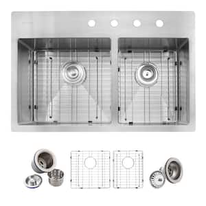 Tight Radius Drop-in 16G Stainless Steel 33 in. 4-Hole 60/40 Double Bowl Kitchen Sink with Accessories