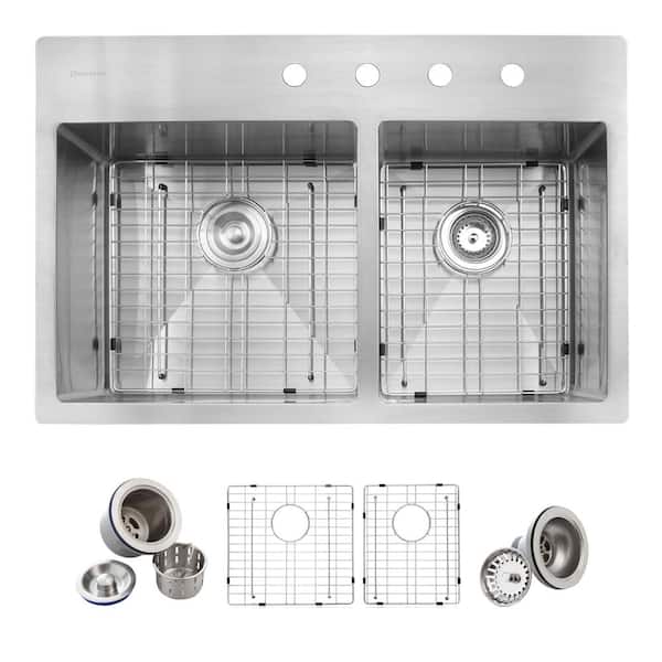 Glacier Bay Professional Tight Radius 33 in. Drop-In 60/40 Double Bowl 16 Gauge Stainless Steel Kitchen Sink with Accessories