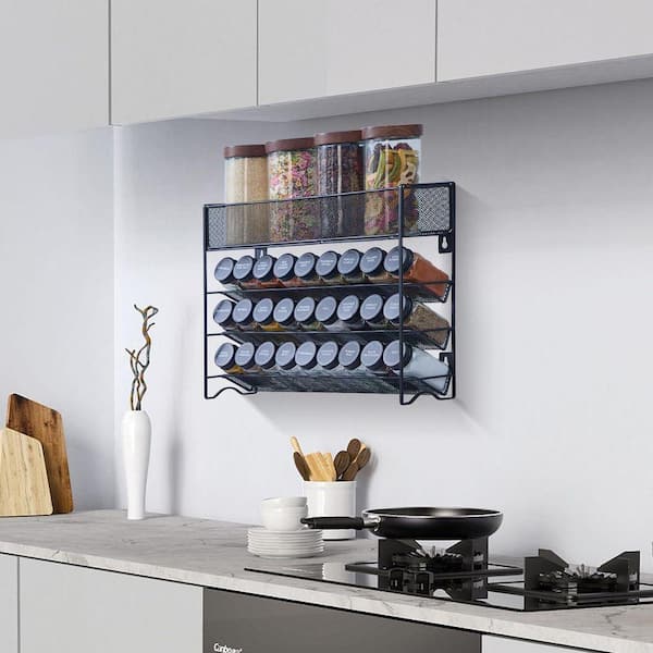 4 Tier Black Wall Mount Cabinet Countertop Spice Rack Organizer with 27 Glass Jars Funnel Labels Pen Set