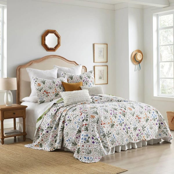 BY226 3-Piece Botanical Print King Size Polyester Bedspread Set Quilted Floral Coverlet