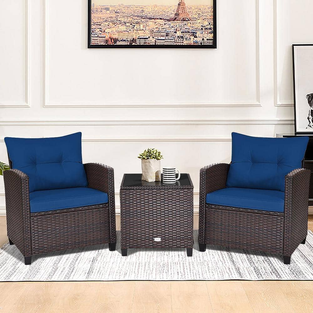 3-Piece Navy Cushioned Brown Steel Rattan Patio Set
