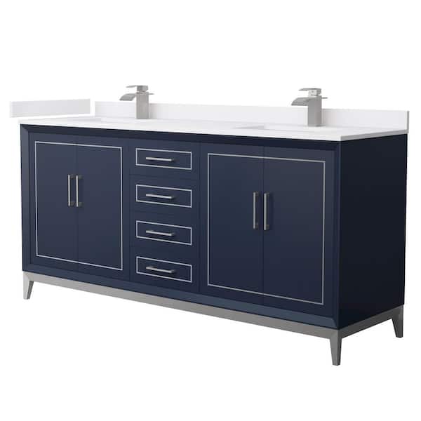 Wyndham Collection Marlena 72 in. W x 22 in. D x 35.25 in. H Double Bath Vanity in Dark Blue with White Cultured Marble Top