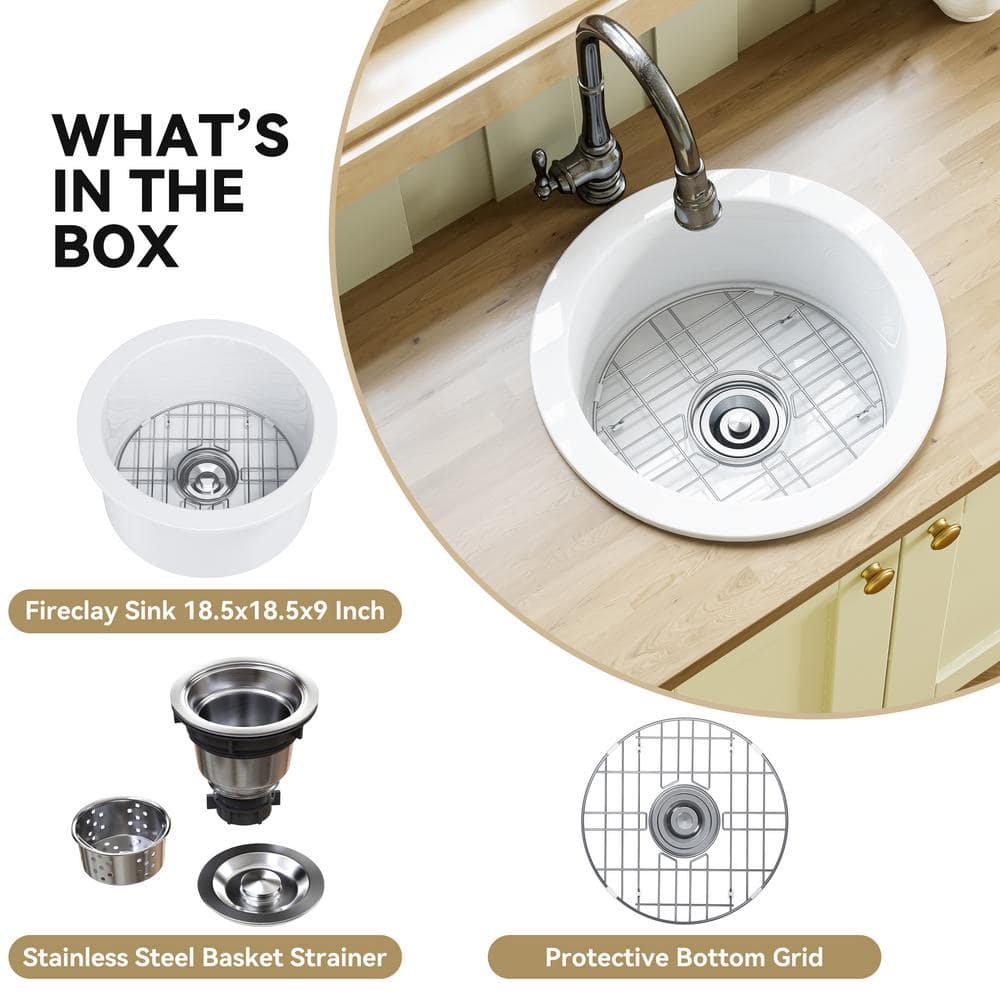 18 Inch White Fireclay Round Drop-In Farmhouse Sink