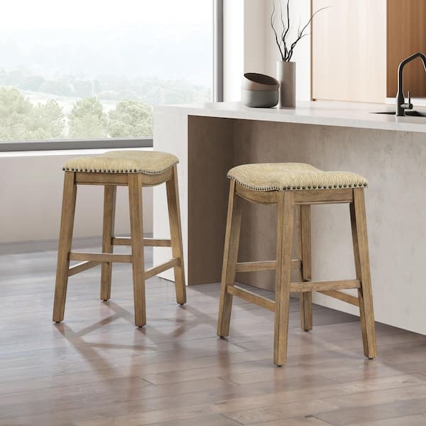 Saddle Stool 24 in. Camel Fabric with Medium Oak Wood Finish 2-Pack