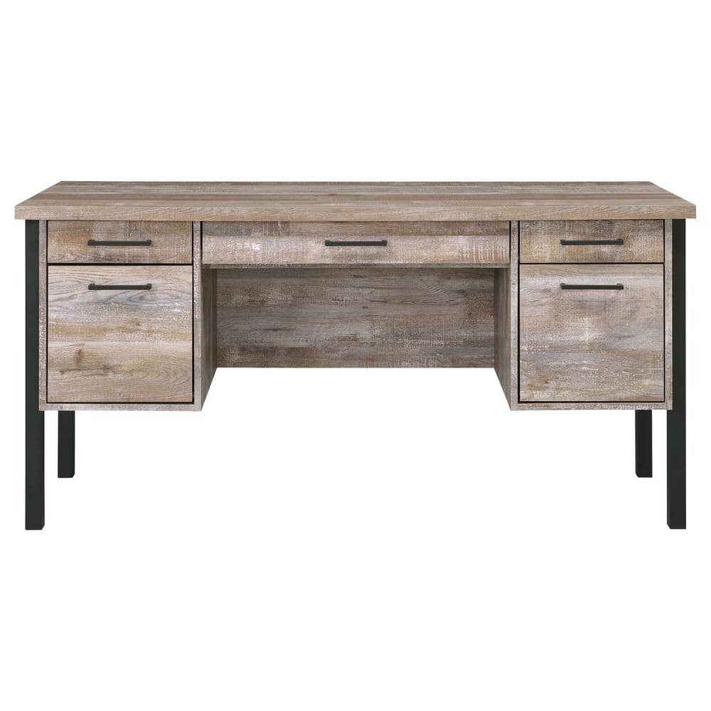 Transitional Weathered Oak Home Office Desk with Black Metal Frame and Storage