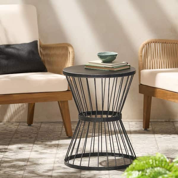 Unbranded Black Round Metal 21 in. H Outdoor Side Table with Open Cage Design