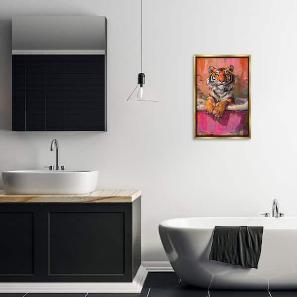 Fresh Abstraction Tiger in Bathtub by LSR Design Studio Gold Floater Frame Animal Graphic Art Print 25 in. x 17 in.