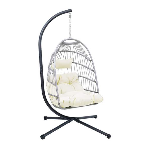 Nestfair Wicker Outdoor Patio Swing Egg Chair Hammock Egg Chair with Stand and White Cushion