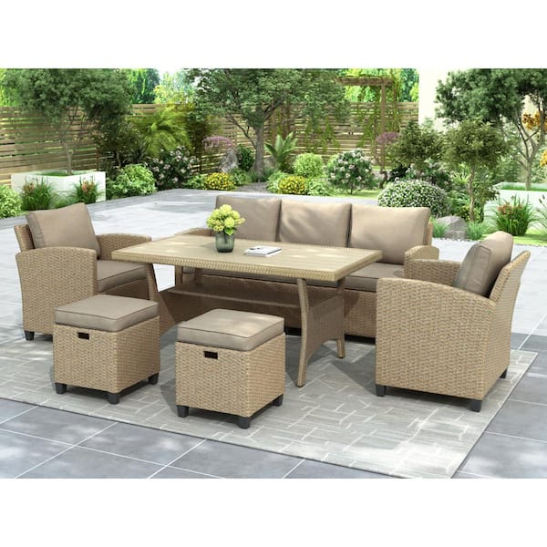 GOSHADOW 6-Piece Wicker Patio Conversation Sectional Seating Set with Brown Cushion, Backyard Sofa, Chair, Stools, Table