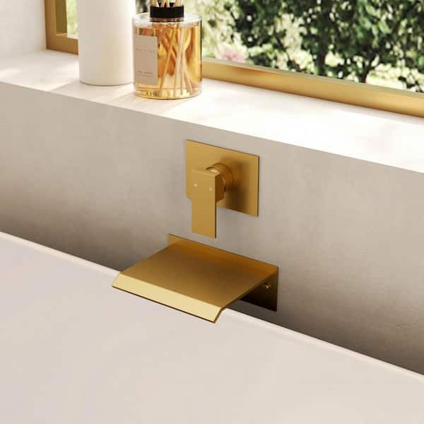 Wall Mount Waterfall Spout Roman Tub Faucet 8.4 GPM with Valve, Single Handle Bathtub Faucet in Brushed Gold