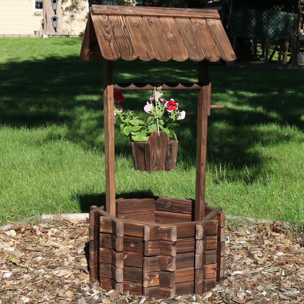 Brown Fir Wood Wishing Well Garden Planter with Hanging Bucket