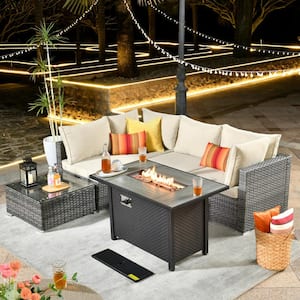 Daffodil J Gray 6-Piece Wicker Patio Outdoor Conversation Sofa Set with Gas Fire Pit and Beige Cushions