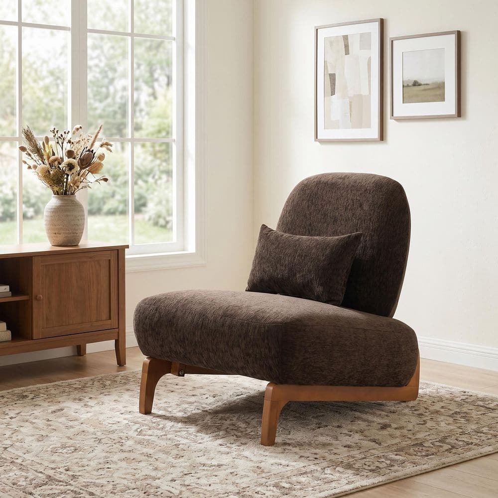Keira Modern Dark Brown and Natural Polyester Upholstered Accent Side Chair with Lumbar Pillow, Curved Wood Base