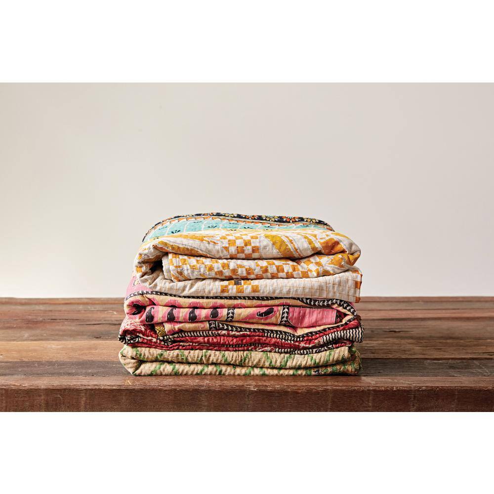 Pink and Beige Cotton Reversible Kantha Quilt Set