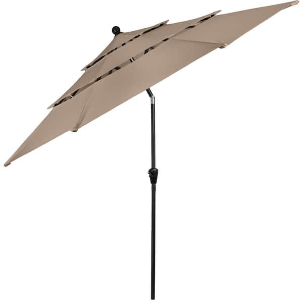 Pure Garden 10 ft. Steel Market Patio Umbrella with 3-Tiered Sunshade and Push Button Tilt and Easy-Open Crank in Beige