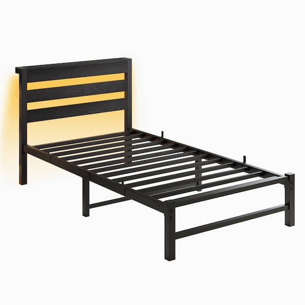 Black Metal Frame Twin Size Platform Bed Frame with LED Headboard and USB Charge Station, No Box Spring Needed