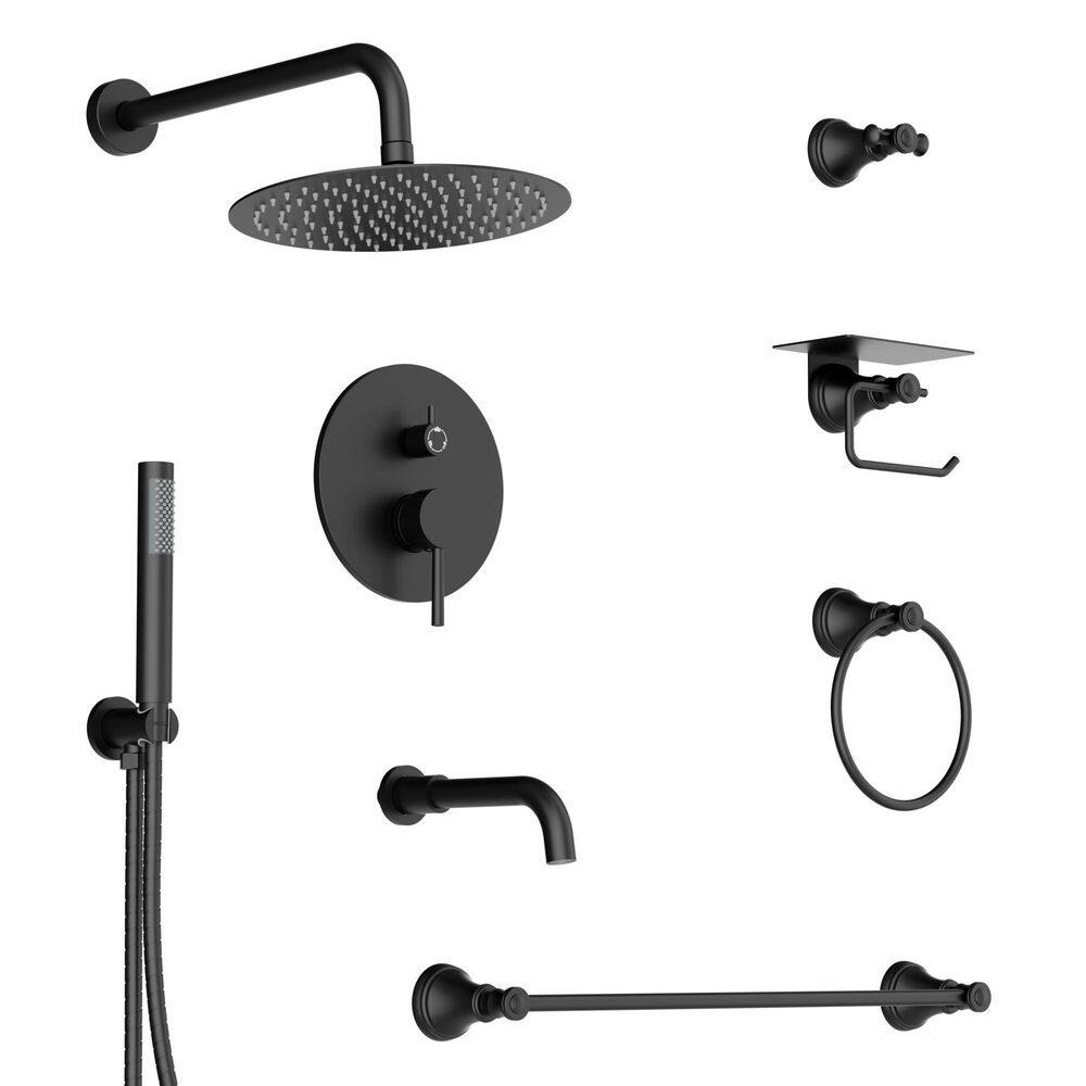 2 Handles 3-Spray 10 in. Wall Mount Tub and Shower Faucet 2.5 GPM with Towel Rack Set in Matte Black Valve Included price history on PriceWatchPro