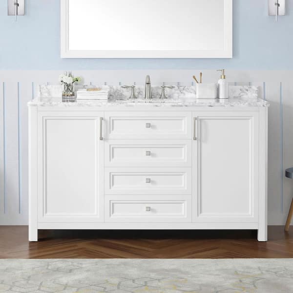 Home Decorators Collection Sandon 60 in. Single Sink White Bath Vanity with Carrara Marble Top (Assembled)