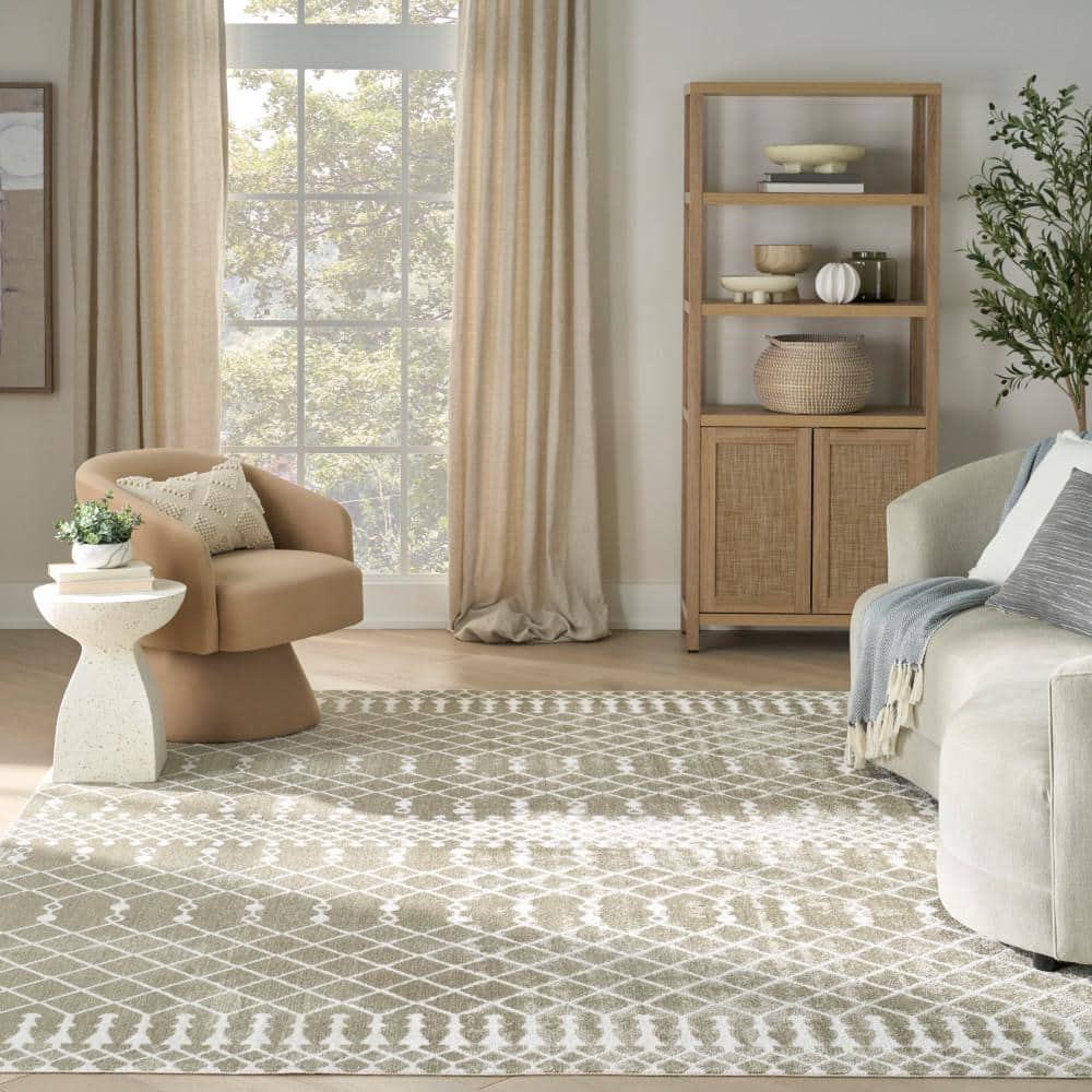 Sage Green and Ivory Synthetic Trellis 8' x 10' Washable Rug
