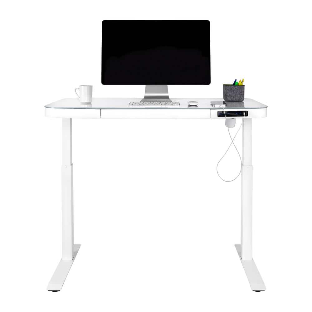 White Adjustable Height Glass Standing Desk with USB Ports and Drawer