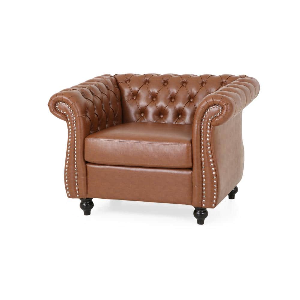 Chesterfield Brown Faux Leather Accent Chair with Birch Wood Legs